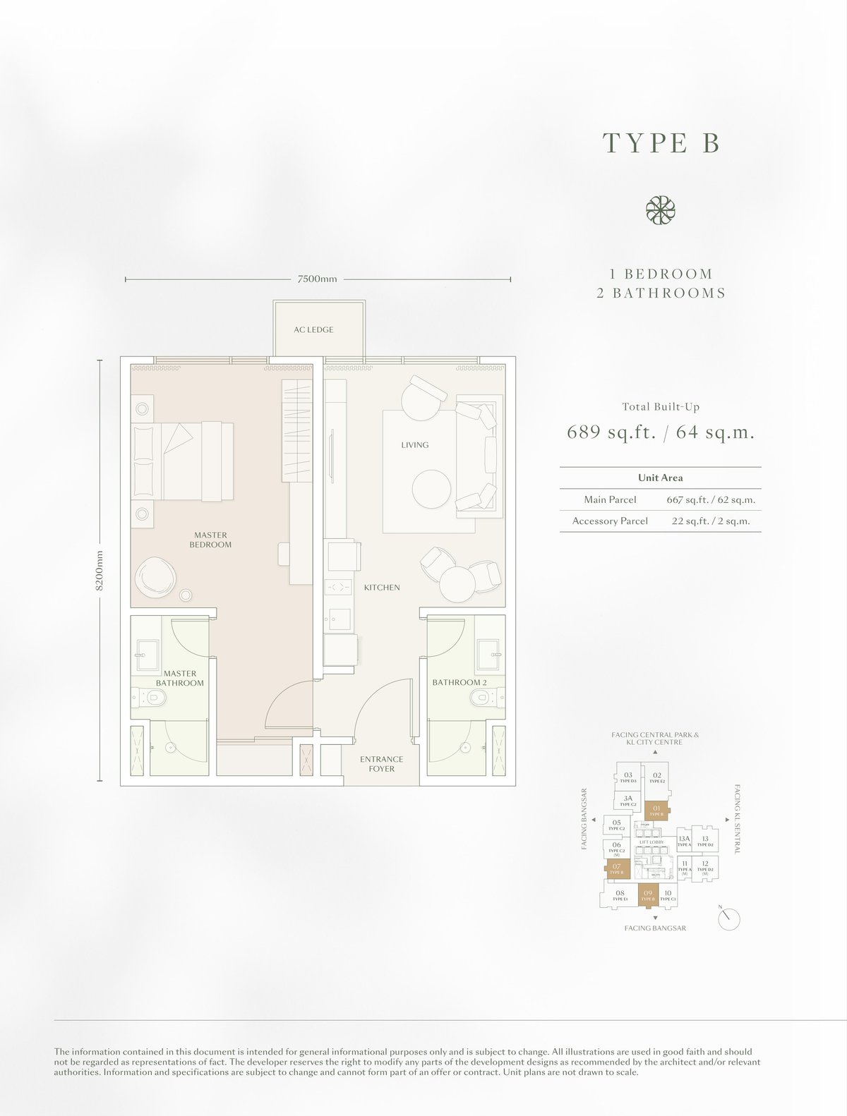 Type B floor plan — 1 Bedroom 2 Bathrooms, 689 sq ft