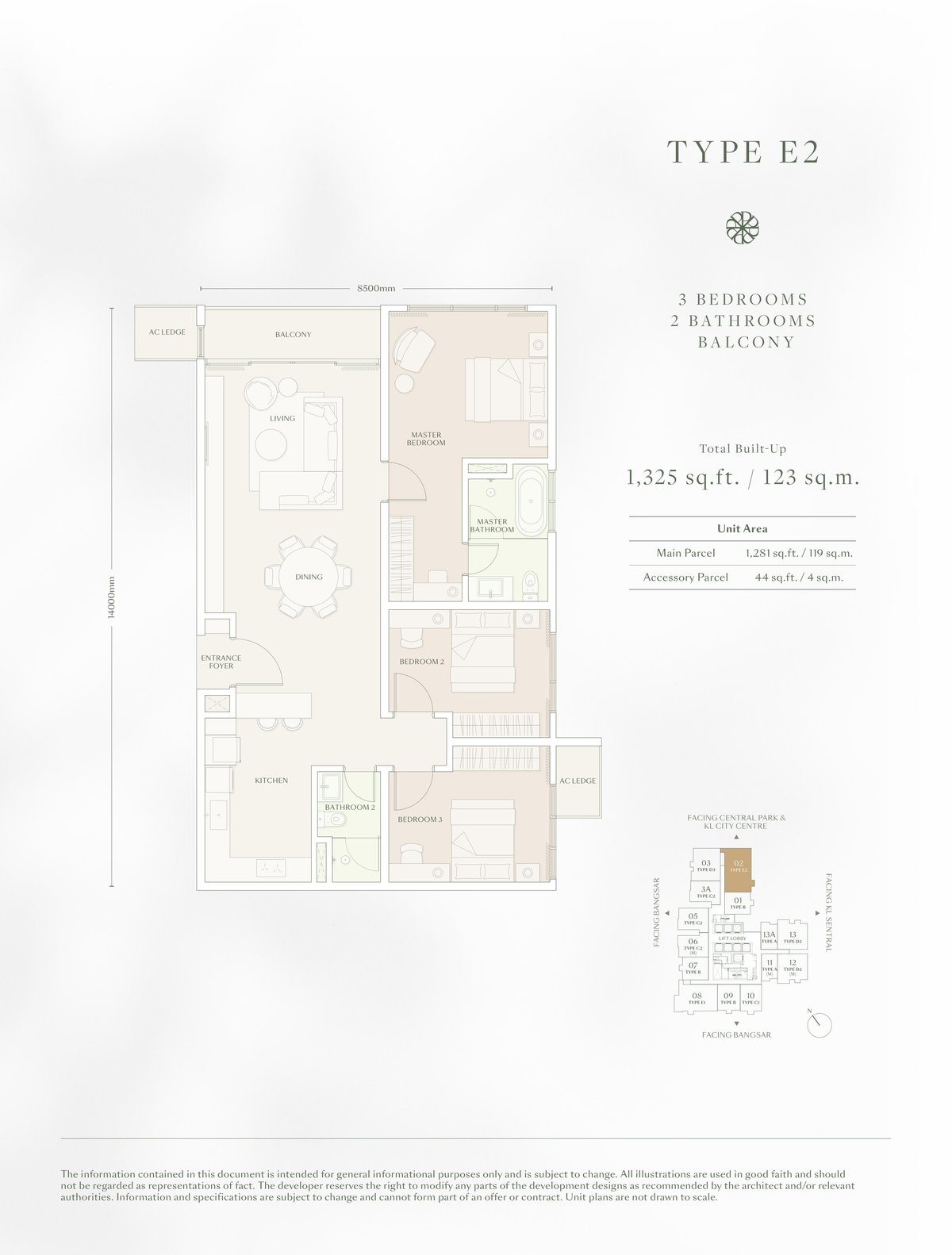 Type E2 floor plan — 3 Bedrooms 2 Bathrooms with Balcony, 1,325 sq ft
